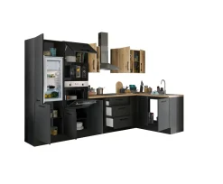 Küchenblock mit E-Geräten CORNWALL (Ecke-Backofen-Kühlschrank-Mikrowelle) III